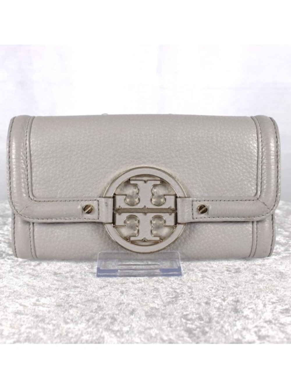 Tory Burch Amanda Logo Leather Continental Clutch Wallet Gray Gold Hardware